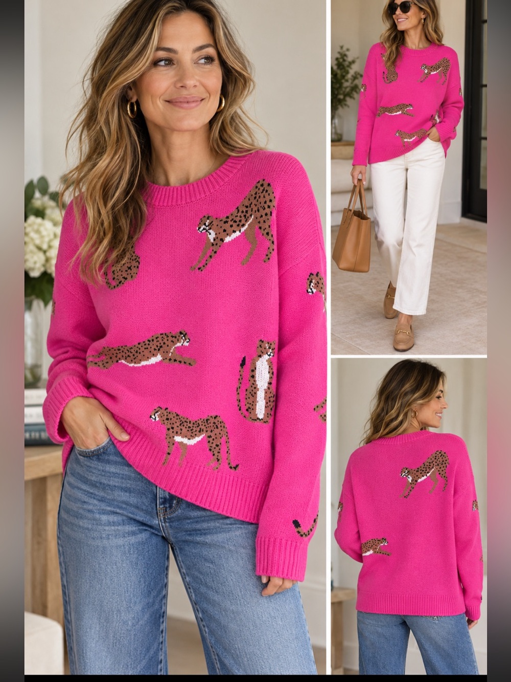 Pink Leopard-Print Crewneck Sweater